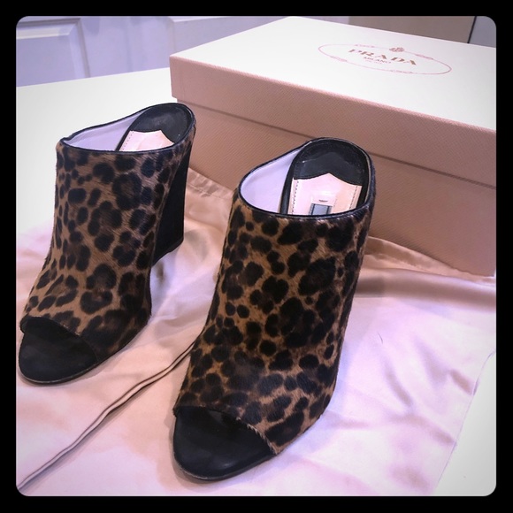 Prada Shoes - HP⭐️ PRADA wedge leopard open toed mules